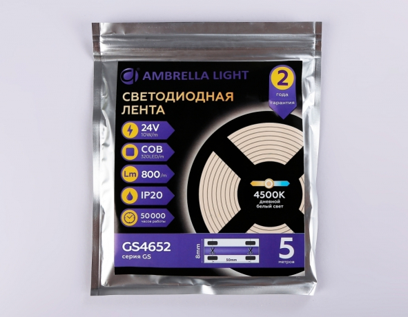Светодиодная лента Ambrella Light GS4652 COB 320Led /10W m/ 24V IP20 4500K 5m Ambrella light Интерьерная подсветка GS4652 