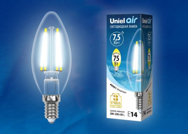 Филаментная светодиодная лампа E14 7,5W 4000К (белый) Air Uniel LED-C35-7.5W-NW-E14-CL GLA01TR (UL-00003247) 