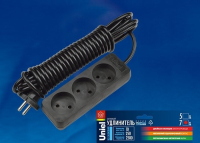 S-CD3-5 Удлинитель без заземления, 3 гнезда, шнур 5м. Черный. Uniel Standart UL-00003605