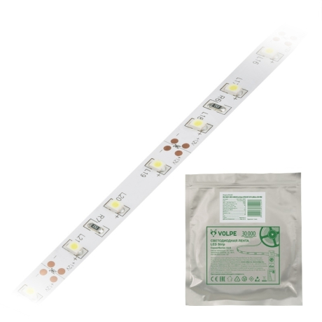 5м. Светодиодная лента дневного цвета 2835, 6500К, 4,8W, 12V, 60LED/m, IP20 Volpe ULS-Q320 2835-60LED-m-8mm-IP20-DC12V-4.8W-m-5M-6500K - (UL-00004537) 