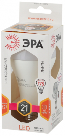 Лампа светодиодная ЭРА E27 21W 2700K матовая LED A65-21W-827-E27 Б0035331 