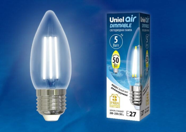 Диммируемая светодиодная лампа E27 5W 4000K (белый) Air Uniel LED-C35-5W-NW-E27-CL-DIM GLA01TR (UL-00003642) 