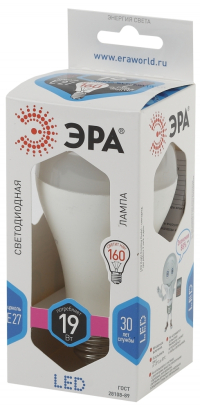 Лампа светодиодная ЭРА E27 19W 4000K матовая LED A65-19W-840-E27 Б0031703