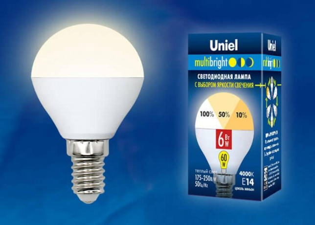 Лампа светодиодная шар E14 6W 4000K (Белый свет) Uniel Multibright LED-G45-6W/WW/E14/FR/MB PLM11WH картон (UL-00002375) 