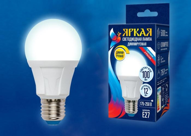 Диммируемая светодиодная лампа E27 12W 4000K (белый) Uniel LED-A60 12W-4000K-E27-FR-DIM PLP01WH (UL-00004289) 