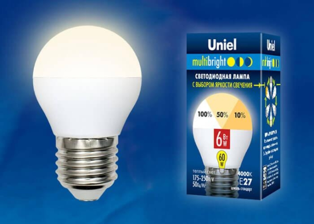 Лампа светодиодная шар E27 6W 3000K (Теплый белый свет) Uniel Multibright LED-G45-6W/WW/E27/FR/MB PLM11WH картон (UL-00002377) 