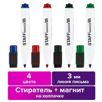Нарушена упаковка! <288926> Маркеры для белой доски на магните со стирателем, НАБОР 4 цвета, STAFF "Manager" WBM-002, 3 мм, 152006 (152006)