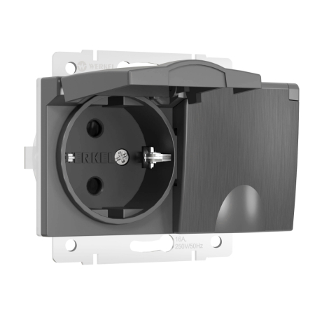 Розетка двойная влагозащищенная с заземлением и со шторками, без рамки с крышкой Werkel графит рифленый W1172204