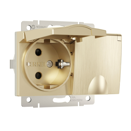 Розетка двойная влагозащищенная с заземлением и со шторками, без рамки с крышкой Werkel шампань рифленый W1172210