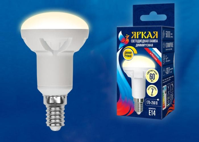 Диммируемая светодиодная лампа E14 7W 3000K (теплый) Uniel LED-R50 7W-3000K-E14-FR-DIM PLP01WH (UL-00004710) 