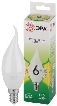 Лампочка светодиодная ЭРА GREEN LINE LED BXS-6W-830-E14 GL E14 6 Вт свеча на ветру теплый свет Б0067119