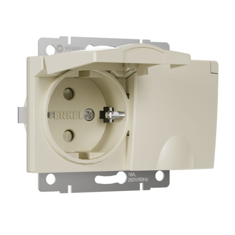 Розетка двойная влагозащищенная с заземлением и со шторками, без рамки с крышкой Werkel слоновая кость W1172203