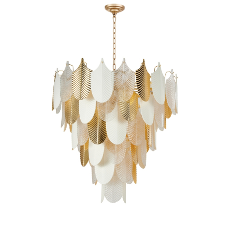 Люстра золотого цвета с декоративными элементами из белого фарфора, полупрозрачного стекла и золотого металла для 37 ламп Е14 от GETOGAZOV FAMILY 