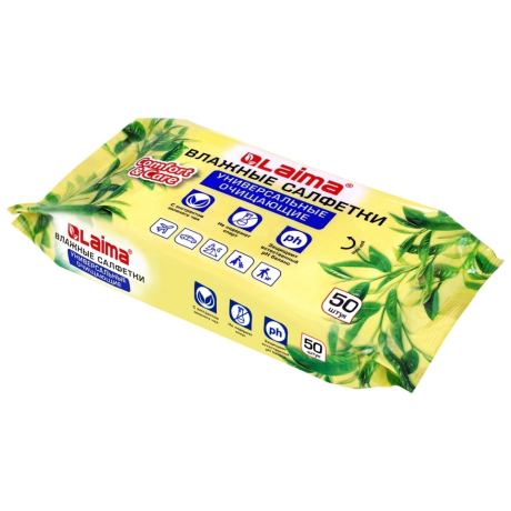 Нарушена упаковка!  <200389> Салфетки влажные 50 шт., УНИВЕРСАЛЬНЫЕ, очищающие для всей семьи, экстракт зеленого чая, LAIMA,128077 (128077)