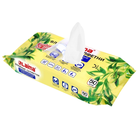 Нарушена упаковка!  <200389> Салфетки влажные 50 шт., УНИВЕРСАЛЬНЫЕ, очищающие для всей семьи, экстракт зеленого чая, LAIMA,128077 (128077)