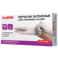 Перчатки латексные белые, 50 пар (100 шт.), опудренные, прочные, размер L (большой), LAIMA, 605022 (605022)