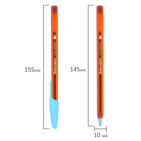 Нарушена упаковка!  <795658> Ручки шариковые BRAUBERG X-30 ORANGE, КОМПЛЕКТ 12 шт., СИНИЕ, пишущий узел 1 мм, линия письма 0,5 мм, 144334