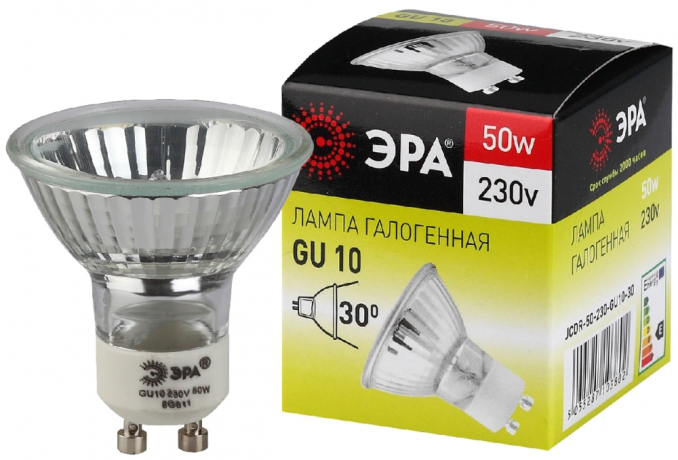 Лампа галогенная ЭРА GU10 50W 2700K прозрачная GU10-JCDR (MR16) -50W-230V C0027386 