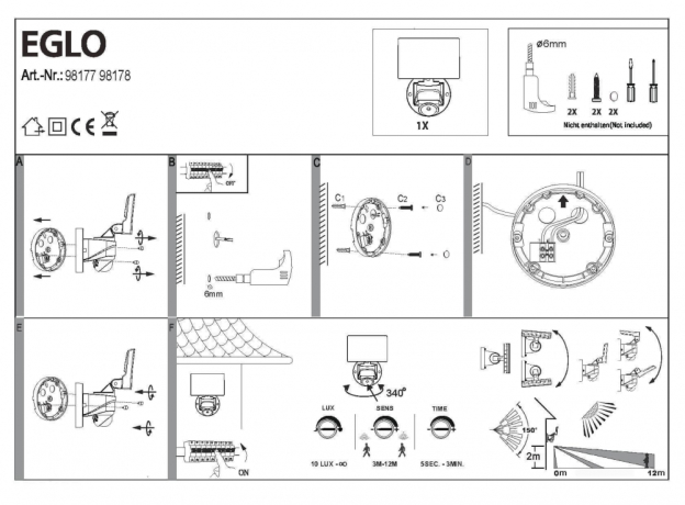 Уличный настенный светодиодный светильник с датчиком движения Eglo Pagino 98178