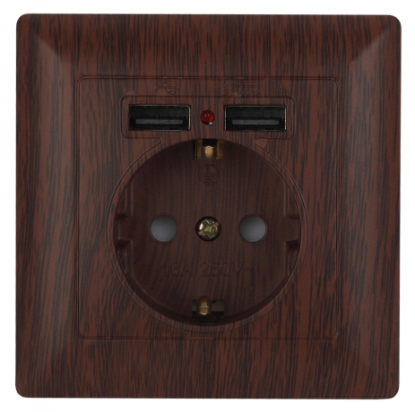 Розетка ЭРА Intro Solo Schuko P+E 16A 250V со шторками 2хUSB венге 4-410-10 Б0043408