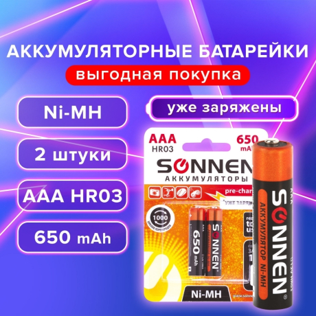 Нарушена упаковка!  <272101> Батарейки аккумуляторные SONNEN, ААА (HR03), Ni-Mh, 650 mAh, 2 шт., в блистере, 454236 (454236)