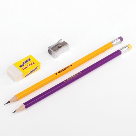 Нарушена упаковка! <301683> Набор ЮНЛАНДИЯ "Школьный", 2 карандаша чернографитных, резинка стирательная, точилка, блистер, 181593 (181593)