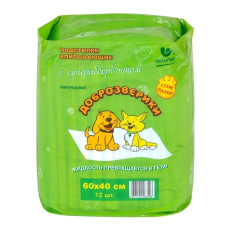Нарушена упаковка!  <262778> Доброзверики подстилки впитывающие для животных с суперабсорбентом 60х40 см, 12 шт. "Сухие лапки" 563596