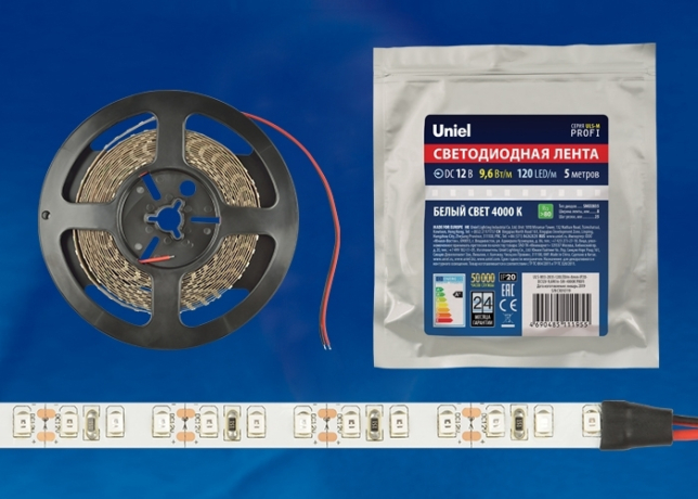 5м. Светодиодная лента белого цвета 2835, 4000К, 9,6W, 12V, 120LED/m, IP20 Uniel ULS-M13-2835-120LED-m-8mm-IP20-DC12V-9.6W-m-5M-4000K PROFI - (UL-00004363) 