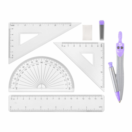 Нарушена упаковка!  <795883> Готовальня BRAUBERG SCHOOL KIT, 9 предметов, циркуль 125 мм, чертежные принадлежности, лаванда, 210713