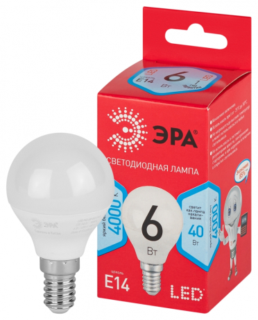 Лампочка светодиодная ЭРА RED LINE LED P45-6W-840-E14 R E14 / Е14 6Вт шар нейтральный белый свет Б0052443 