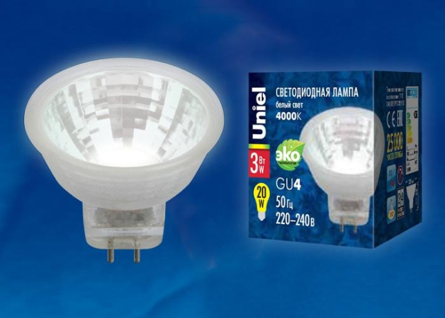 Светодиодная лампа GU4 3W 4000K (белый) Uniel LED-MR11-3W/NW/GU4/220V GLZ21TR (UL-00001703) 