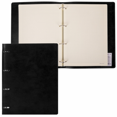 Нарушена упаковка!  <402520> Тетрадь на кольцах БОЛЬШАЯ А4 (240х310 мм), 120 листов, под кожу, клетка, BRAUBERG "Main", черный, 404509 (404509)
