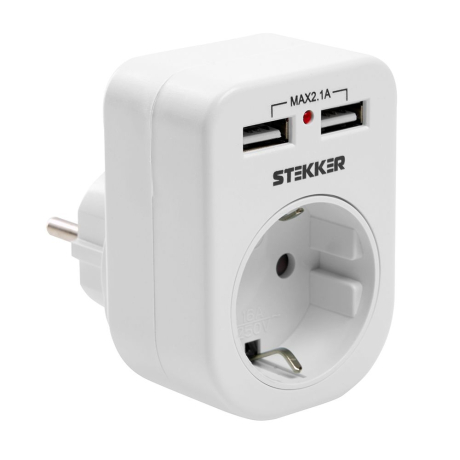 Нарушена упаковка!  <395579> Переходник сетевой с/з c 2 USB 2,1А, STEKKER ADP16-24-20, 250В, 16A, IP20, белый 39626