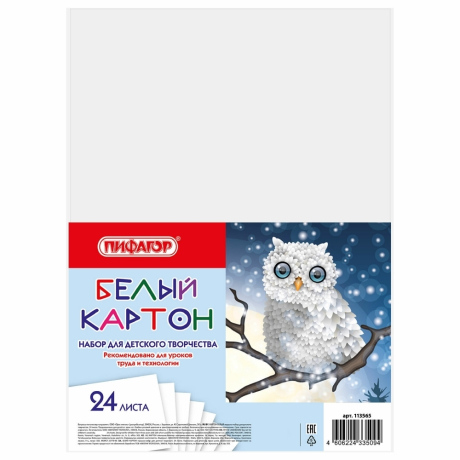 Нарушена упаковка!  <320534> Картон белый А4 немелованный (матовый), 24 листа, ПИФАГОР, 200х290 мм, "Совушка", 113565 (113565)