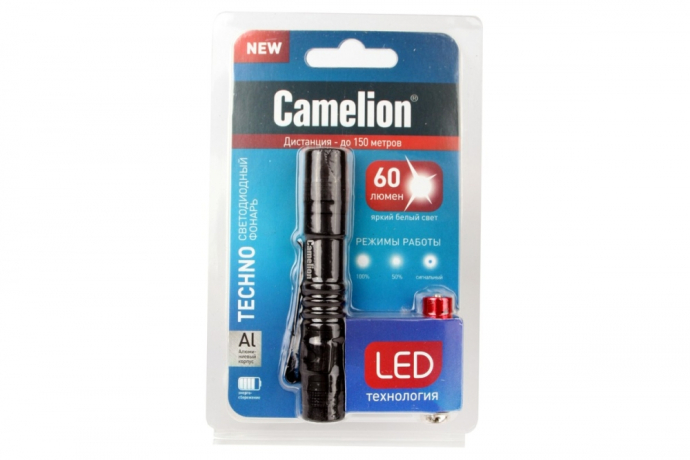 Ручной светодиодный фонарь на батарейках. Дистанция освещения 150 м. 3 режима работы. Camelion LED51516 (12916)