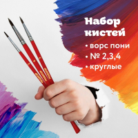 Нарушена упаковка!  <205434> Кисти ПИФАГОР, набор 3 шт. (ПОНИ: круглые № 2, 3, 4), пакет с европодвесом, 200227 (200227)