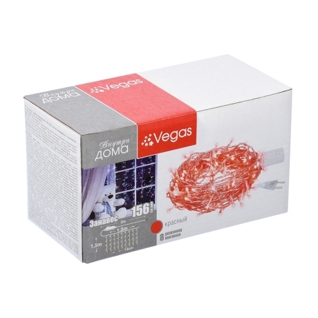 Нарушена упаковка.  <295898> 1,5*1,5м. Электрогирлянда ''Занавес'' 156LED (красный) IP20 Vegas  55080 