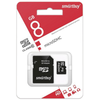 Карта памяти micro SDHC, 8 GB, SMARTBUY, 10 Мб/сек. (class 10), с адаптером, SB8GBSDCL10-01 (512805)