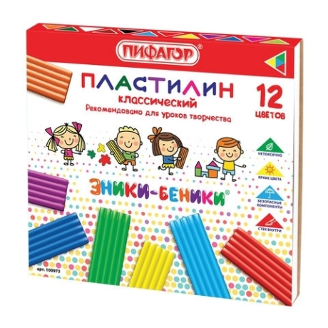 Нарушена упаковка!  <197271> Пластилин классический ПИФАГОР «ЭНИКИ-БЕНИКИ», 12 цветов, 240 г, со стеком, картонная упаковка, 100973