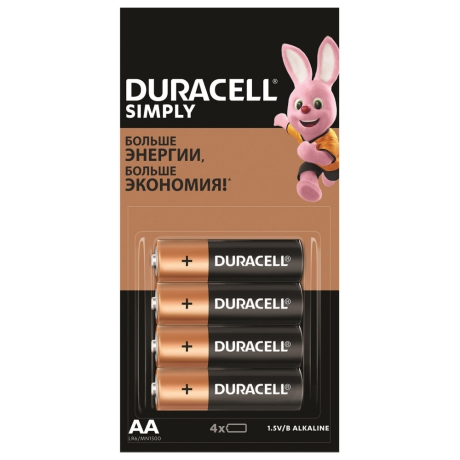 Нарушена упаковка!  <302339> Батарейки КОМПЛЕКТ 4 шт. (отрывной блок), DURACELL Simply, AA (LR06, 15А), алкалиновые, пальчиковые, 5009139 (455043)
